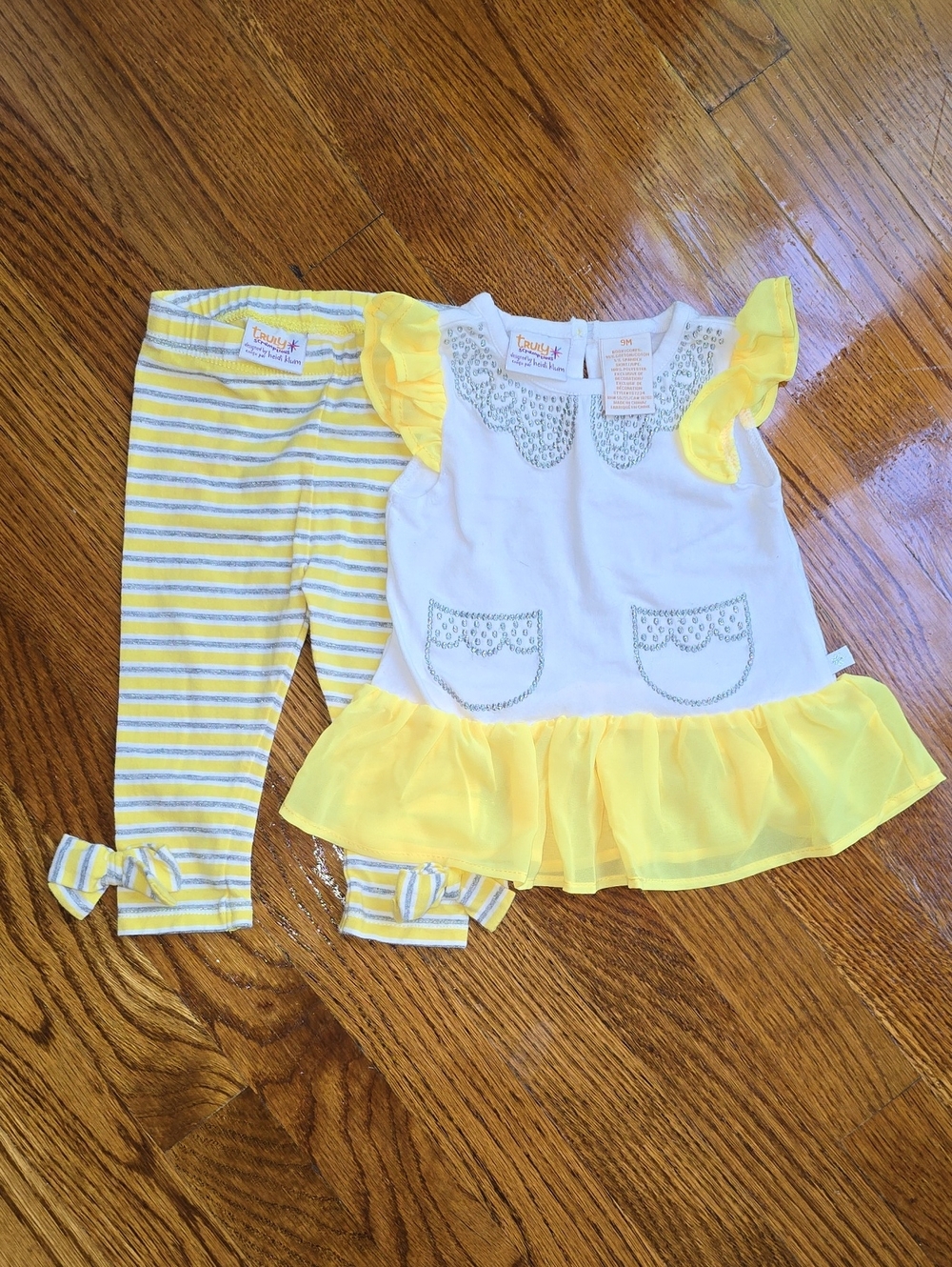 Girls Yellow & White Ruffled Top with Striped Leggings Matching Set